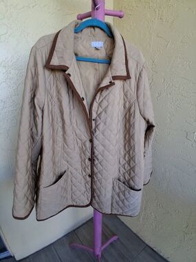 Joan Rovers Quilted Beige Barn Jacket with Brown Trim -3 X